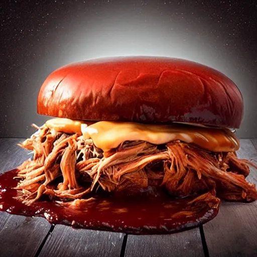 Prompt: monster that looks like a pulled pork sandwich, bbq sauce splashes, dark lighting, moonlight, horror, scary, hyper-realistic