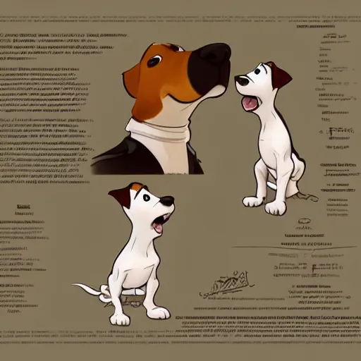 Prompt: jack russel terrier character surprised, pixar, disney, concept art, character sheet, trending on artstation, graphic novel, childrens illustrated storybook, by alphonse mucha and cory loftis and matthias lechner