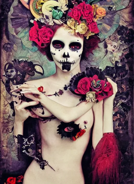 Prompt: cute punk goth fashion fractal Día de los Muertos tattoed girl posing by Zhang Jingna, surreal Dada collage by Man Ray Kurt Schwitters Hannah Höch Alphonse Mucha