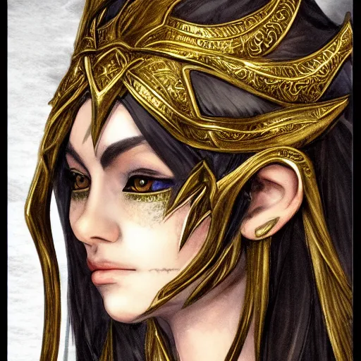 Prompt: side portrait of a female elven warrior, fantasy, head tilted down, black hair, gold armour, gold jewelry, white skin, detailed face, trending on artstation, gsociety, D&D, elegant, highly detailed, sophisticated, hyperrealistic, realistic eyes, detailed illustration, smooth, sharp focus, upper body, intricate, rule of thirds, holy glow, backlit, hd 4k by Greg Rutkowski, Alphonse Mucha, Charlie Bowater, Karol Bak