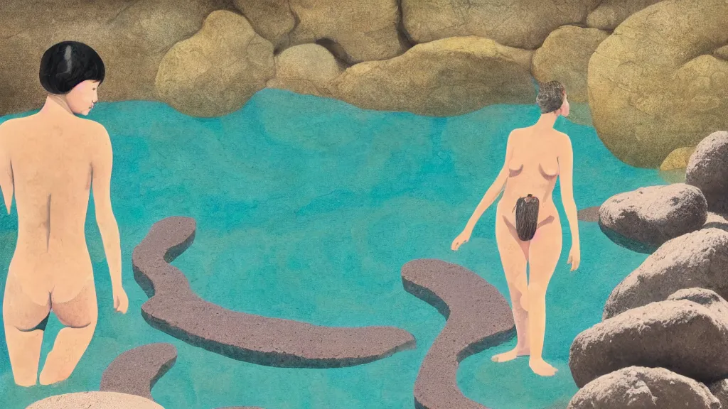 Prompt: a bather at a natural hot spring in a nook of river stones, in an epic valley, japan, a collage painting, in the style of wes anderson, lola dupre, david hockney, isolated on negative white space background dark monochrome neon spraypaint accents volumetric octane render