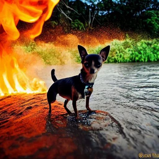 Prompt: A national geographic high resolution wide angle shot of a chihuahua on a boat in the amazon, and the river is on fire