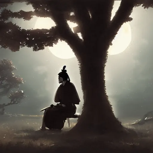 Prompt: a samurai sitting under a tree, back lighting, dramatic scene, detailed, night time, full moon, in the style of greg rutkowski