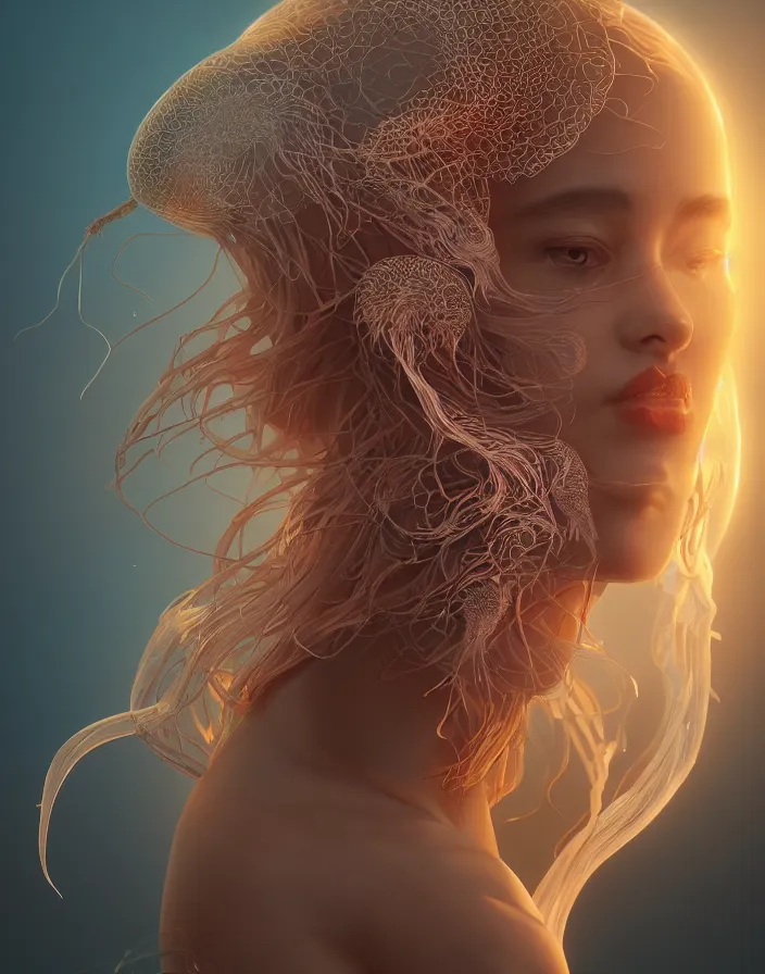 Image similar to goddess portrait. jellyfish phoenix head. intricate artwork by Tooth Wu and wlop and beeple. octane render, trending on artstation, greg rutkowski very coherent symmetrical artwork. cinematic, hyper realism, high detail, octane render, 8k