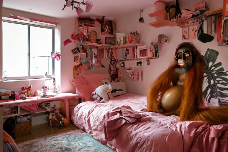 Prompt: lofi girl bedroom, lofi girl is an orangutan