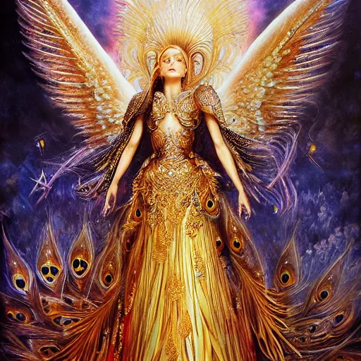 Prompt: beautiful angel with peacock feathers and golden diamond armor, shining light, perls, god rays by Karol Bak, Ayami Kojima, Amano