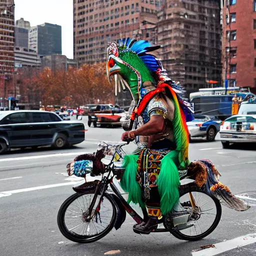 Prompt: an indigenous shaman dressed with a quetzalcoatl feathered serpent riding a bike in manhattan bridge