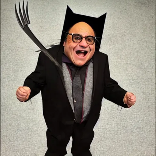 Image similar to danny devito dressed up in costume as the wolverine