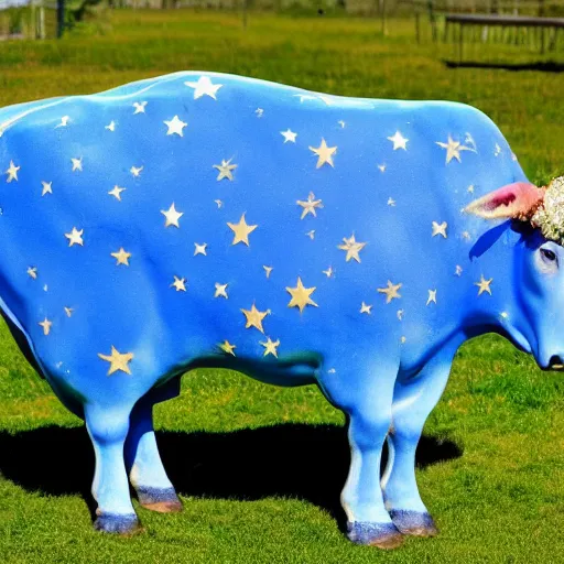 Prompt: the great magical cow, also known as the cosmic cow, is several thousand pounds and covered with an amazing array of hair. she has a beautiful blue coloration, she is quite docile and gentle, and her large, almost spherical body is always in motion.