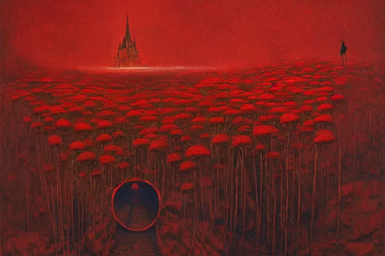 Image similar to only with red, red flowers of different types, a red tiger, a castle in the background, medieval demons dance over the flowers, an ancient path, in the style of beksinski, part by hopper, part by rodcenko, part by hofbauer, intricate composition, red by caravaggio, insanely quality, highly detailed, masterpiece, red light, artstation