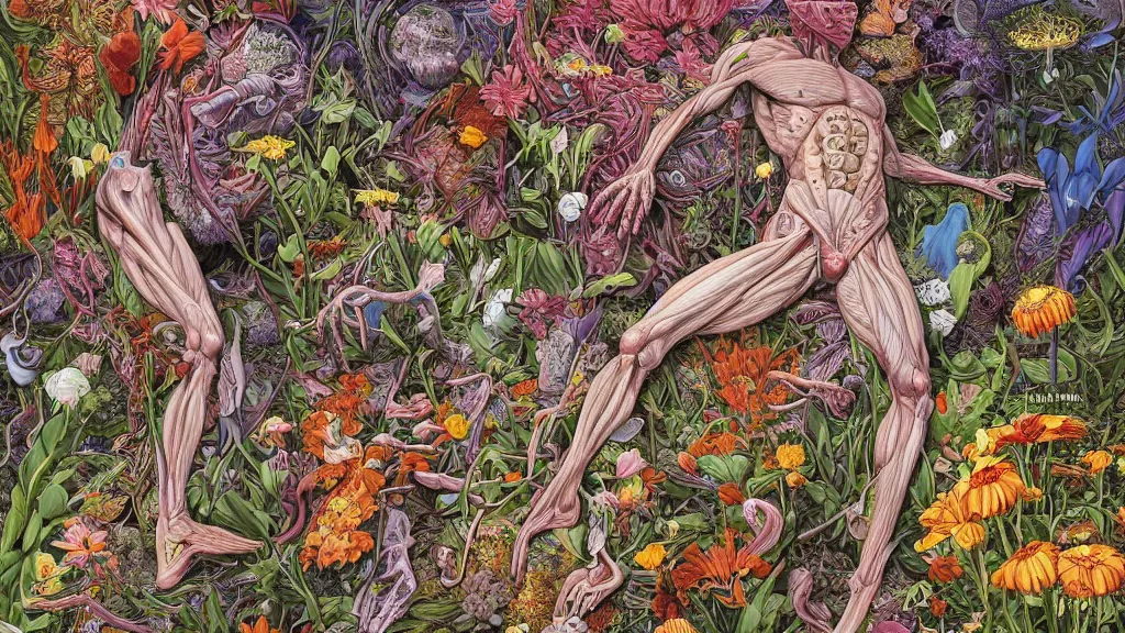 Prompt: highly detailed illustration of a human anatomy body exploded by all the known species of flowers by juan gatti, by moebius!!,, by oliver vernon, by joseph moncada, by damon soule, by manabu ikeda, by kyle hotz, by dan mumford, by kilian eng