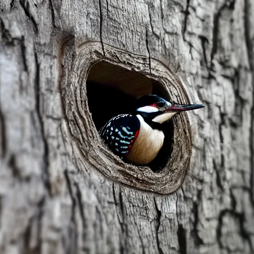 Prompt: 5 5 mm macro photo of a woodpecker inside a house in an oak tree, looking through the window. dof. bokeh. by artgerm and greg rutkowski. highly detailed 8 k. intricate. lifelike. soft light. cinematic processing