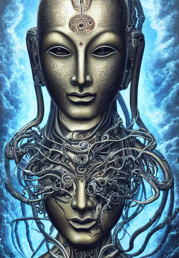 Image similar to perfectly centered portrait, front view of a beautiful biomechanical alien android robot buddha, female, flowing hair, intense stare, sarcastic smile, symmetrical, concept art, intricate detail, volumetric shadows and lighting, realistic oil painting by alex grey and gustave dore,