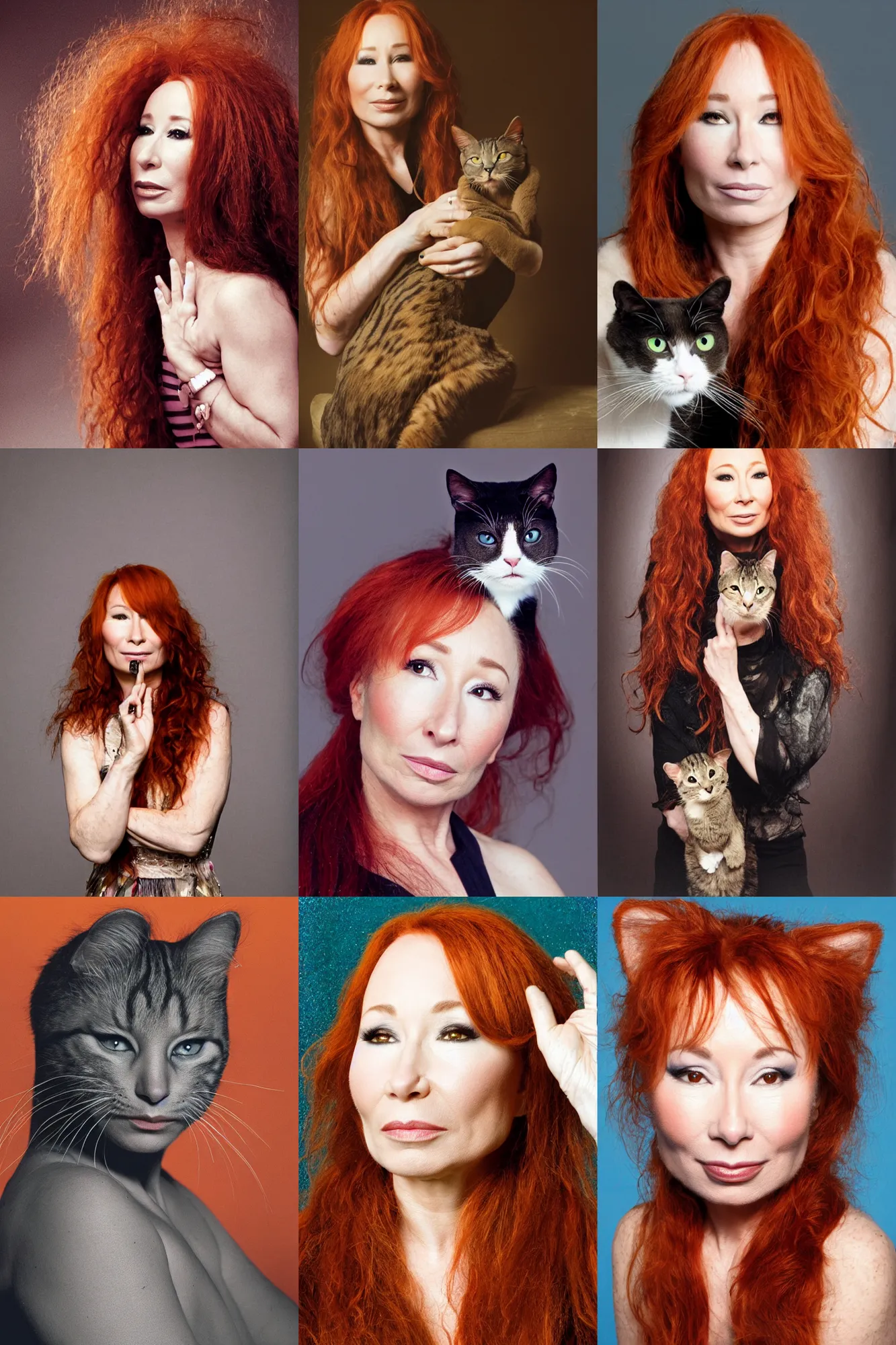 Prompt: Tori Amos as a cat, studio portrait