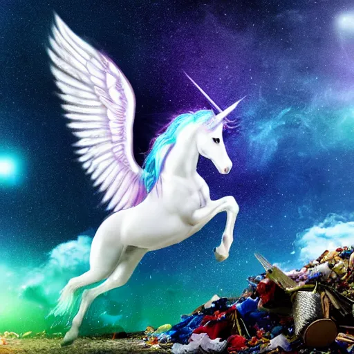 Image similar to 8 k capture scan of a iridescent unicorn with wings dancing in a garbage dump, the sky has the milky way, high textured, conceptual, photorealistic, illustration sharp