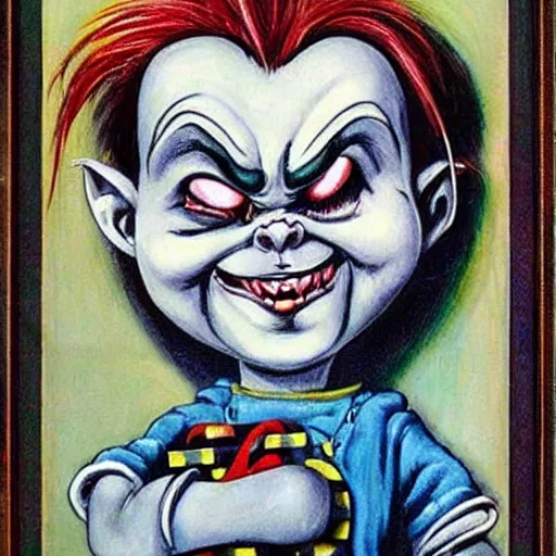 Prompt: dark fantasy painting of chucky by dr seuss | horror themed | creepy