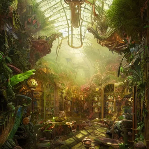 Image similar to hyperreal ultra detailed intricate victorian jungle room by peter mohrbacher and dan mumford, cgsociety, volumetric light