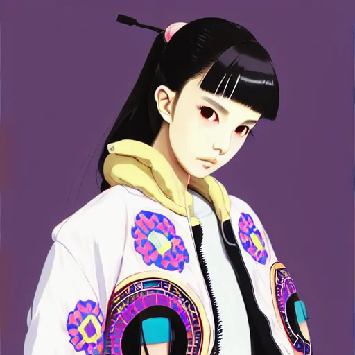 Image similar to a beautiful japanese natalie portman gravure model, wearing oversized native designer bomber jacket and leotard, bulky poofy bomber jacket with mesoamerican patterns, mesoamerican native street fashion, gapmoe yandere grimdark, trending on pixiv fanbox, painted by greg rutkowski makoto shinkai takashi takeuchi studio ghibli, akihiko yoshida