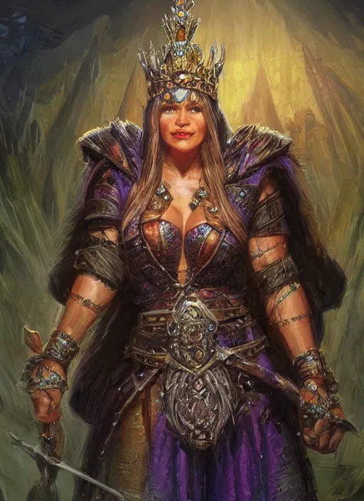 Image similar to dwarven queen wearing a crown, ultra detailed fantasy, dndbeyond, bright, colourful, realistic, dnd character portrait, full body, pathfinder, pinterest, art by ralph horsley, dnd, rpg, lotr game design fanart by concept art, behance hd, artstation, deviantart, hdr render in unreal engine 5