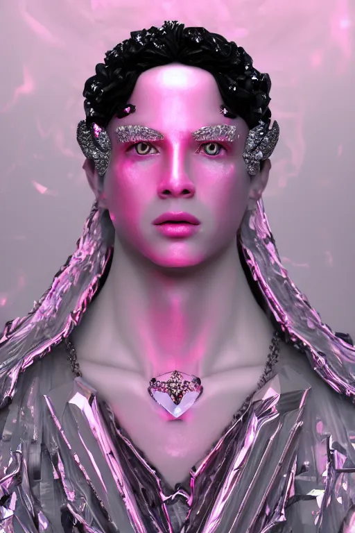 Image similar to hyper detailed ultra sharp portrait of baroque and bladerunner delicate glowing diamond sculpture of seductive muscular albino young king jose garcia, pink diamond black metallic sphinx iridescent humanoid deity wearing black cloak holding a prismatic gem, glowing pink face, crown of white diamonds, cinematic lighting, photorealistic, octane render 8 k depth of field 3 d