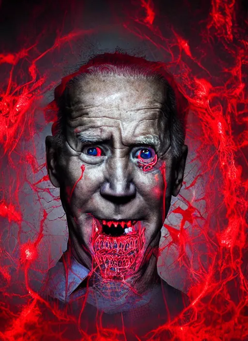 Image similar to hyper realistic ultra realistic horror terror dimensional photo furious glowing red eyes biden, high quality photo, detailed , 8k