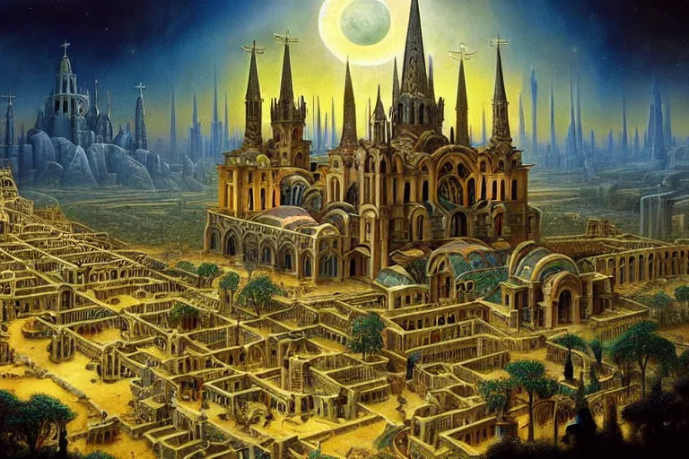 Image similar to a beautiful stunning insanely detailed fantasy matte painting of a byzantine cathedral city buzzing with activity and magical creatures by Heironymous Bosch and Jim Burns and James Gurney