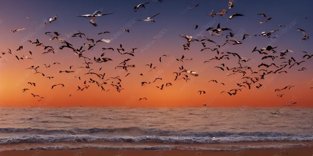 Image similar to seagulls flying over the ocean during the sunset as the sand twinkles, realistic