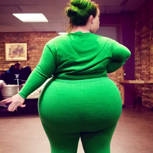 Prompt: a back behind photo of thicc princess Fiona wearing a green sweatpants, and green shirt, dancing n- 4