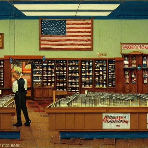 Prompt: American dreamscape liquor store gun shop church. Architectural art by Jean Leon Gerome, Norman Rockwell, Studio Ghibli