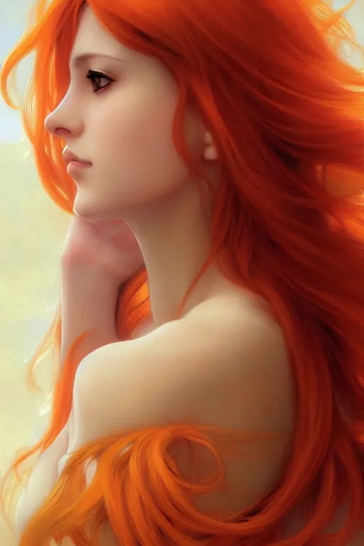 Image similar to nami, long orange hair, brown eyes, digital art from artstation by artgerm and william - adolphe bouguereau