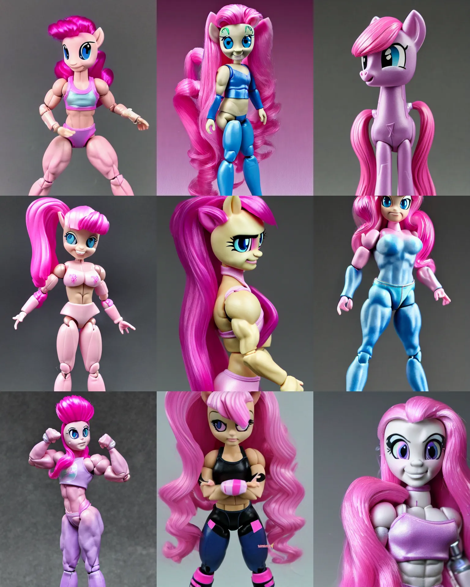 Prompt: pinky pie my little pony, neca!!! pretty! beautiful! powerlifter oversized muscular very detailed realistic action figure by neca face close up full body in the style of neca, character by neca, film still, bokehs