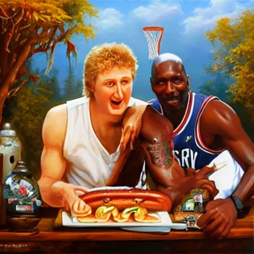 Image similar to portrait of larry bird and michael jordan sharing hotdogs, an oil painting by ross tran and thomas kincade w 7 6 8