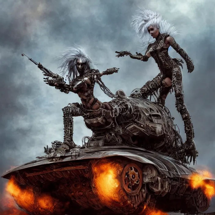 Image similar to beautiful apocalyptic woman with mohawk, standing on mad max panzer tank, hyper-detailed, smooth, sharp focus, 4k ultra hd, fantasy dark art, tank girl, artgerm, artstation, octane render, elegant, detailed digital painting, apocalyptic art, Francis bacon, unreal engine, depth map