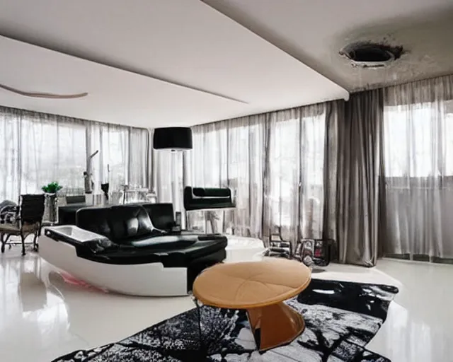 Prompt: “a retro futuristic apartment with organic architecture and modern minimalist furnishings”