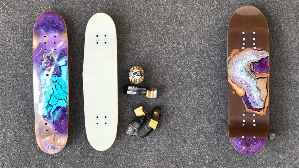 Prompt: skateboard with a geode decal