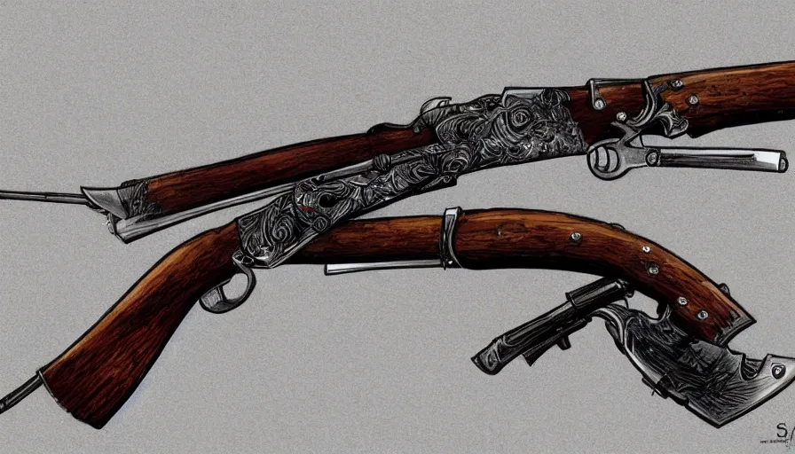 Image similar to Digital drawing of a muzzleloaded flintlock AK47 from the site grabAgun, gunbroker, white background, firearms, professional gunsmithing, top down drawing, gun auction, 4k. high quality, concept art, art by Jean Giraud and Shirow Masamune, reference, postapocalyptic