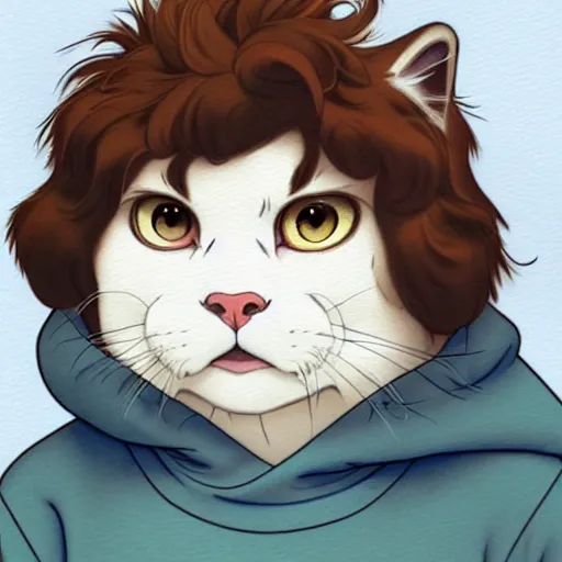 Image similar to teen boy with brown hair and big blue eyes, wearing a hoodie, fluffy white persian cat, natural lighting, path traced, highly detailed, high quality, cartoon, digital painting, by don bluth and ross tran and studio ghibli and alphonse mucha, watercolor