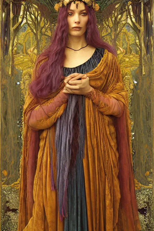 Prompt: coronation portrait of the goddess of the Last Tree, by Donato Giancola and John Bauer and John William Godward and Vermeer, embroidered velvet, iridescent beetles, rich color, ornate headdress, flowing robes, lost runes, ancient civilizations, dramatic cinematic lighting, featured on Artstation, cgisociety, unreal engine, extremely detailed