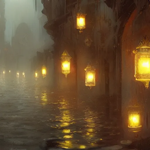 Prompt: concept art, water lanterns, high resolution, by james gurney, greg rutkowski, john howe, artstation