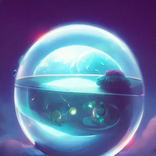 Prompt: a sphere aquarium in the size of a planet, floating in space. illustration, digital art, realistic, pixar style, by greg rutkowski and ash thorp, vivid colors, detailed, trending on artstation, high quality, cinematic