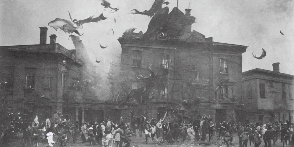 Image similar to a few people run from building as cameraman points at large flying monster, 1 9 0 0 s photograph