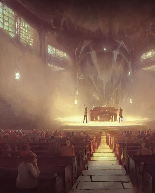 Image similar to craig mullins and ghibli digital matte art of a crowd in a futuristic church, priest, pews, ethereal, inviting, unreal engine, hyper realism, realistic shading, cinematic composition, realistic render, octane render, detailed textures, photorealistic, wide shot