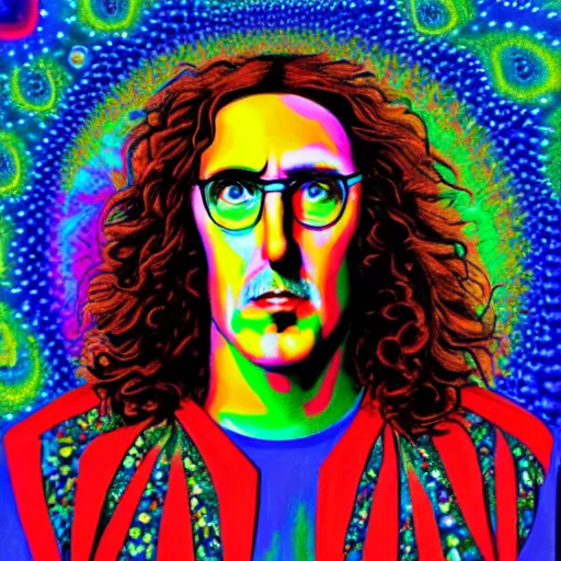 Image similar to weird al as god, infinite fractal, psychedelic, colorful, painting