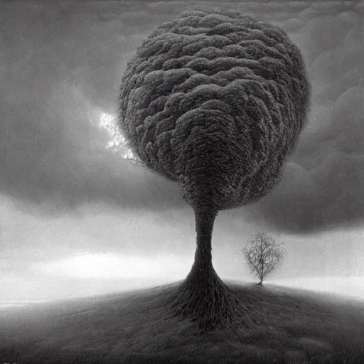 Image similar to thunderstorm hitting tree made by zdzisław beksinski