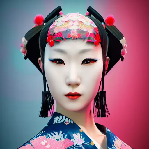 Image similar to japanese kimono inspired avant-garde art, deco fashion, highly detailed, photorealistic portrait, bright studio setting, studio lighting, crisp quality and light reflections, unreal engine 5 quality render