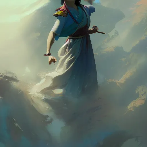 Image similar to god emperess mulan in the style of craig mullins, greg rutkowski, peter mohrbacher, and drew struzan. epic, majestic, awe inspiring, god rays, fissures, divine, church painting, intricate armor, extreme detail, high octane,