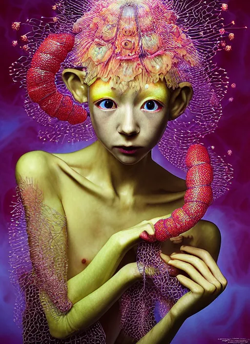 Image similar to hyper detailed 3d render like a Oil painting - kawaii portrait Aurora (gold haired Singer Praying Mantis Dragonfly bug faced) seen Eating of the Strangling network of yellowcake aerochrome and milky Fruit and Her compund eyes delicate Hands hold of gossamer polyp blossoms bring iridescent fungal flowers whose spores black the foolish stars by Jacek Yerka, Mariusz Lewandowski, Houdini algorithmic generative render, Abstract brush strokes, Masterpiece, Edward Hopper and James Gilleard, Zdzislaw Beksinski, Mark Ryden, Wolfgang Lettl, hints of Yayoi Kasuma, octane render, 8k