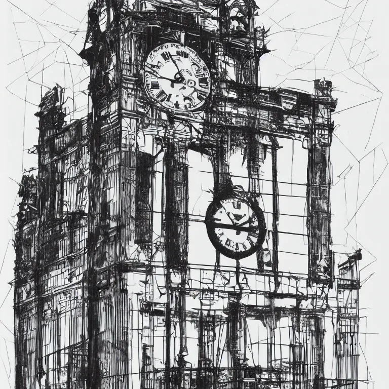 Prompt: a black and white drawing of a clock tower, a screenprint by robert rauschenberg, behance contest winner, deconstructivism, da vinci, constructivism, greeble