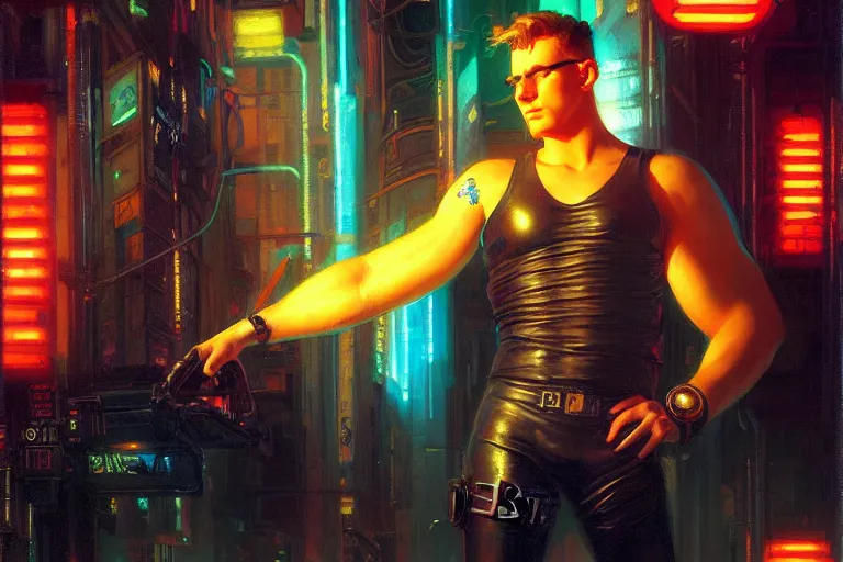 Prompt: cyberpunk style, attractive male, neon lights, painting by gaston bussiere, craig mullins, j. c. leyendecker, tom of finland