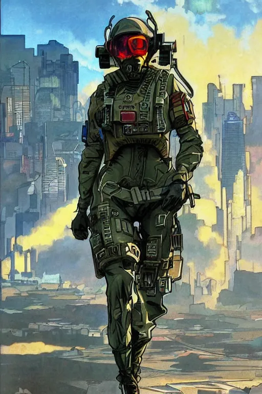 Prompt: Dinah. USN special forces futuristic recon operator, cyberpunk military hazmat exo-suit, on patrol in the Australian autonomous zone, deserted city skyline. 2087. Concept art by James Gurney and Alphonso Mucha